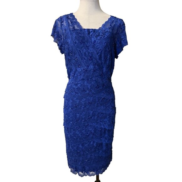 Marina Dress 16 Blue Stretch Lace Wedding Party Cruise V Neck Short Sleeve - Picture 2 of 11